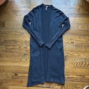 Free People Black Ribbed Long Open Cardigan Duster | Size Medium